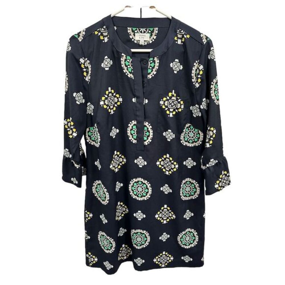 Crown & Ivy Women's Size 12 Blue Geometric Print Tunic Dress 3/4 Sleeve‎